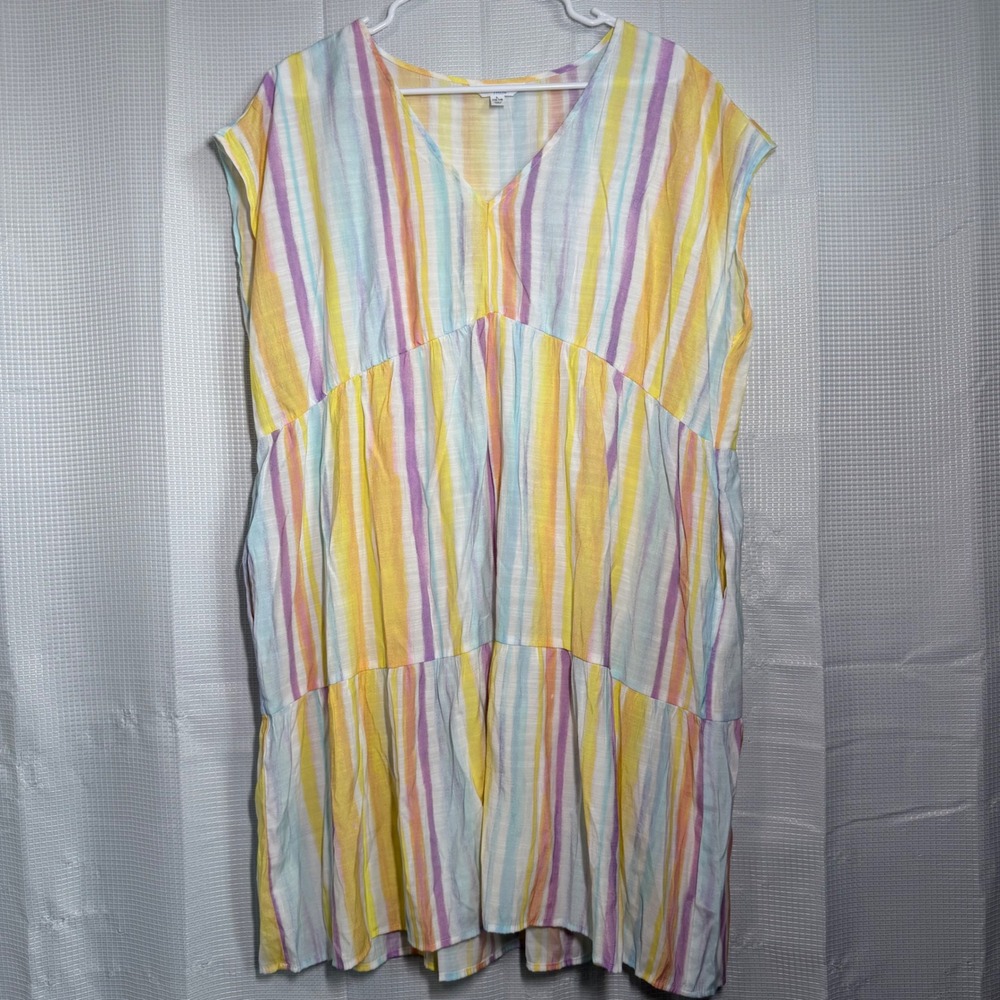 Time and Tru Tiered Mini Dress‎ L Multi-Color Striped V-Neck Short Sleeve